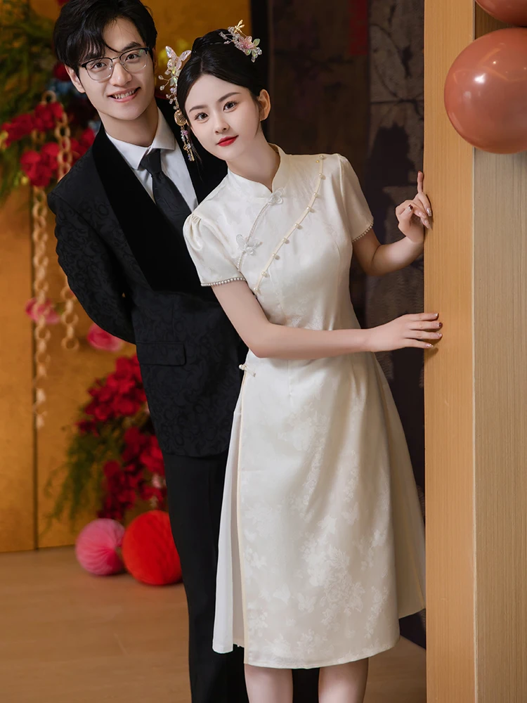 

White Young Style Summer New Chinese Version Daily Wear Registration Ceremony Short Sleeve Polyester Fibre