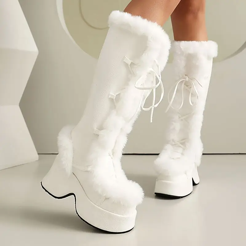 SIMLOVEYO mode femme hiver bottes de neige bout rond talons épais 8.3 cm plate-forme 4.3 cm à lacets fourrure mixte chaud genou Bota 42 43