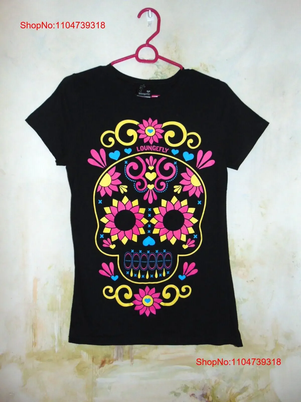 

Loungefly Black Day Of The Dead Multicolor Stretchy Fitted Womens T Shirt L vintage Washed fashion Slightly Soft Comfortable