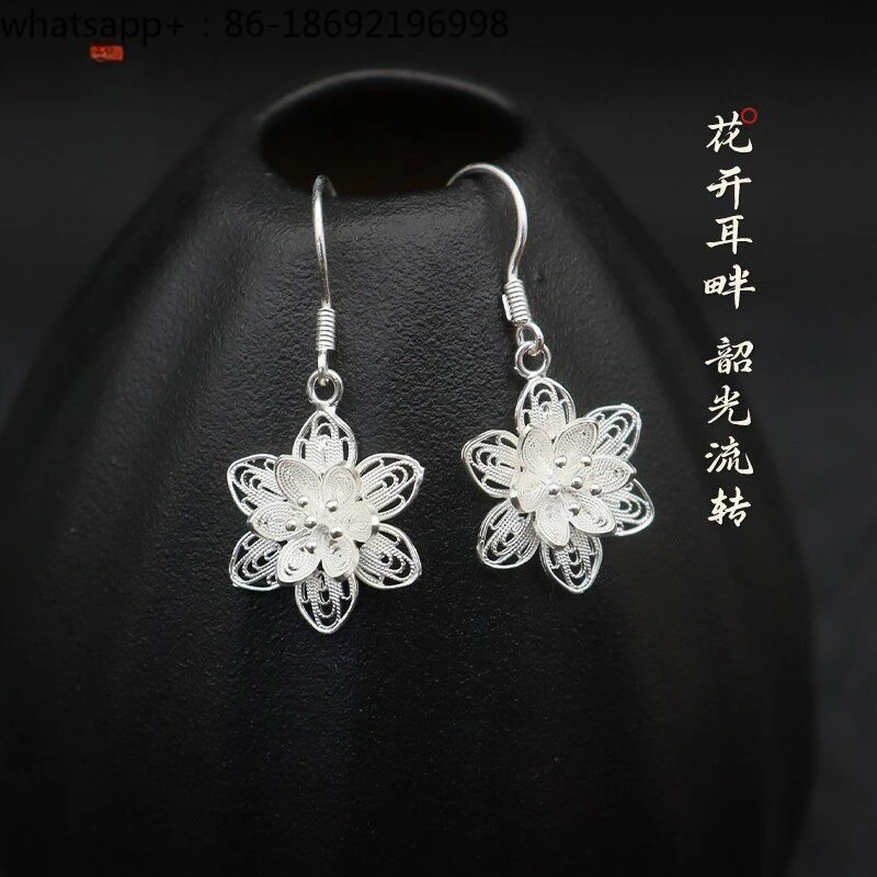 Sterling Silver Flower Earrings Women's High-end Niche Exquisite Ear Hook Foot Silver