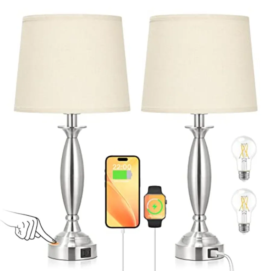 

Бежевые прикроватные лампы для спальни, комплект из 2 шт. – сенсорные настольные лампы с USB-C и USB-A, 3 режима яркости, с портом USB