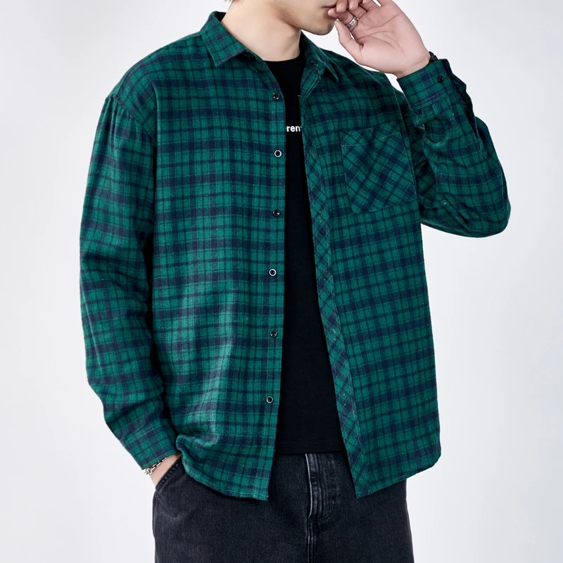 Spring Autumn Men\'s Clothing Long Sleeve Plaid Pockets Turn-down Collar Button Cardigan Shirt Coats Casual Fashion Retro Tops