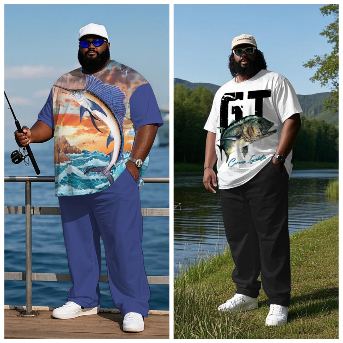 

S-9XL Big and Tall Men Fishing Ocean Print 2-Piece T-Shirt & Pants Casual Set