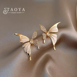 Unusual Design Zircon Liquid White Enamel Asymmetric Butterfly Stud Earrings 2024 Fashion Jewelry For Women‘s Ear Accessories