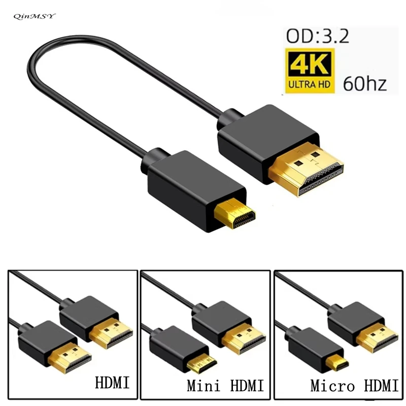 OD 3.2mm Super Soft Micro HDMI To HDMI To Mini Mini HDMI-Compatible Cable Ultra Thin 4k 60hz Portable Short Thin Hdmi 2.0 Coiled