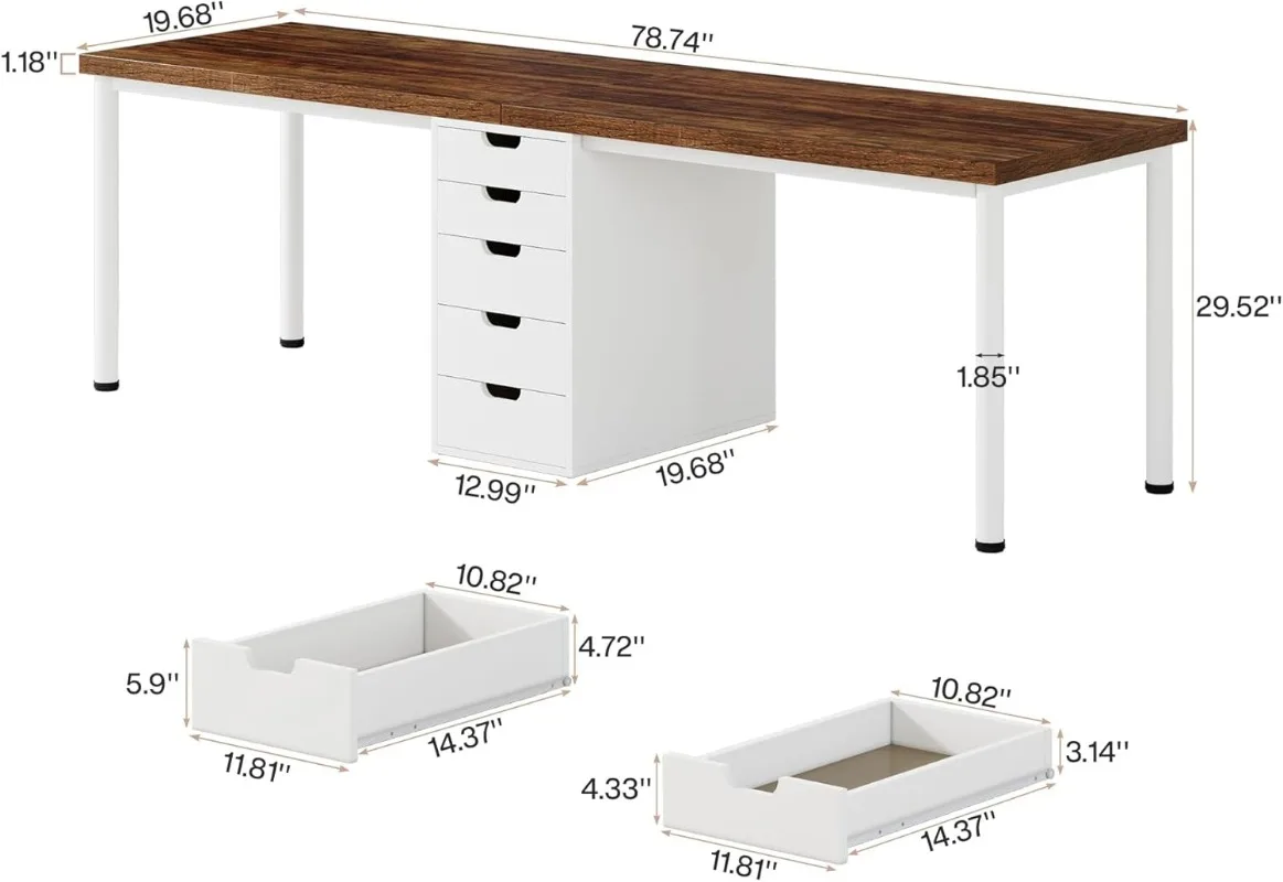 Two Person Computer Desk with 5 Drawers, 78.7 Inches Extra Long Double Office Desk, Modern Simple Double Computer Des