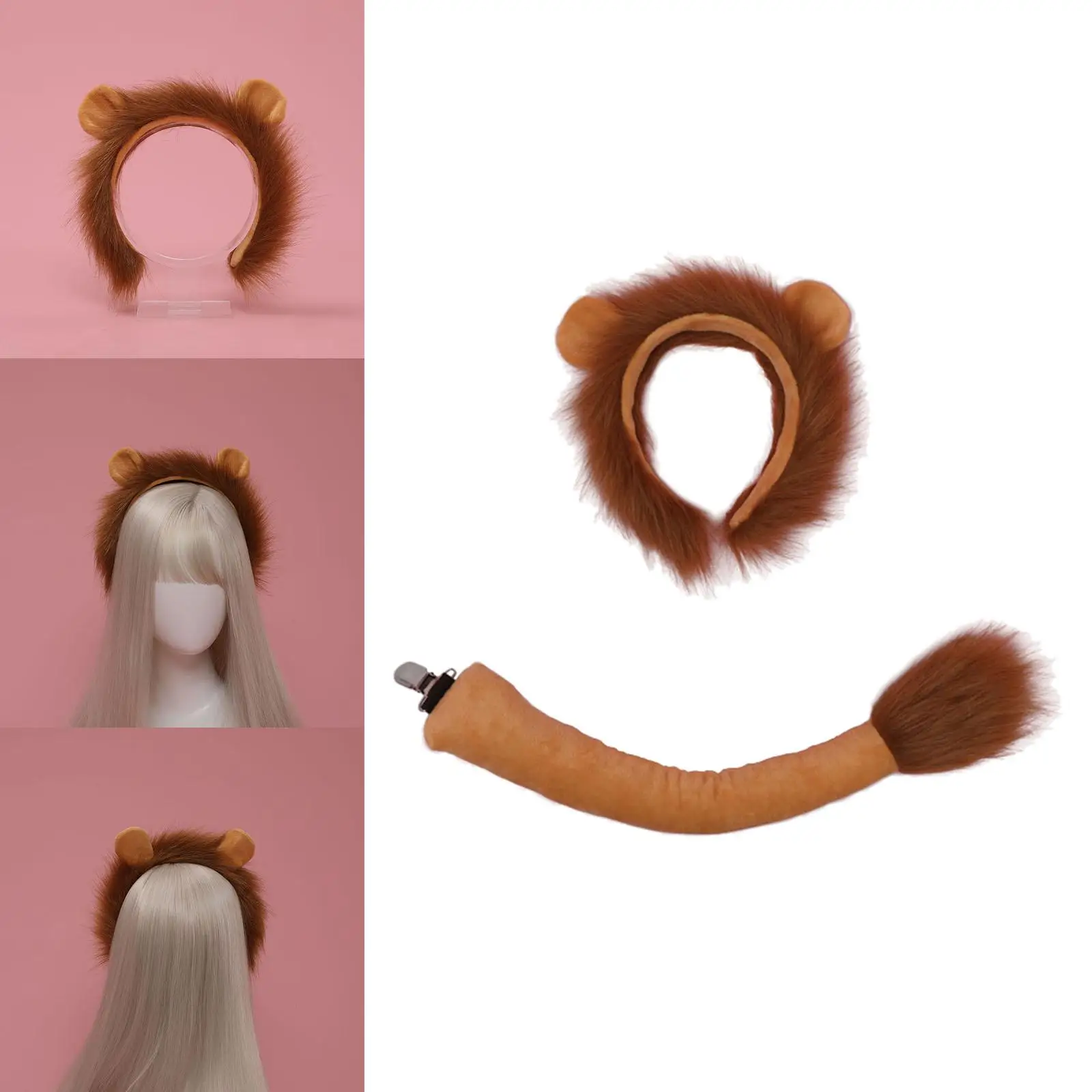 Lion Tail Ears Costume Set Headwear Plush Headband for Teenager Adult Party