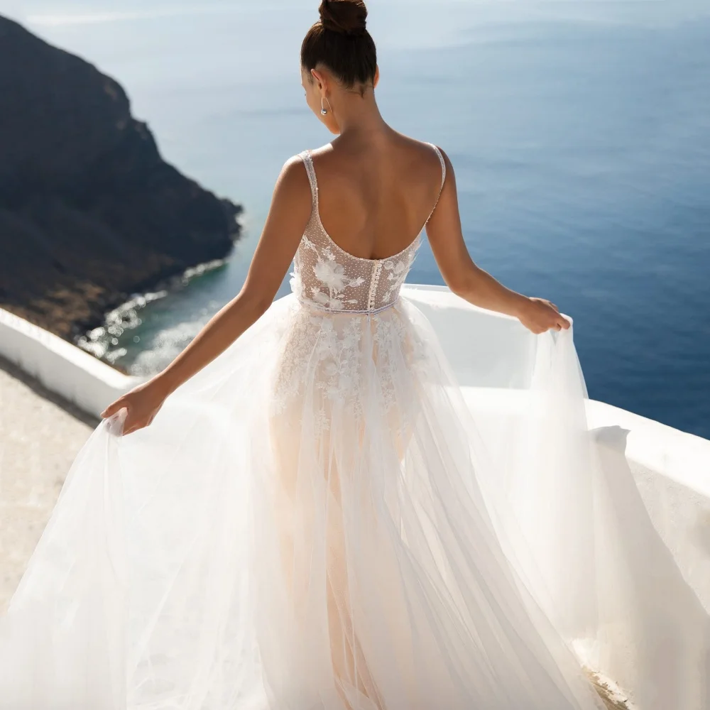 라인 사용자 정의 Boho 웨딩 드레스 Tulle Applique 신부 드레스 특종 스파게티 스트랩 환상 가운 2025 Vestidos De Novia