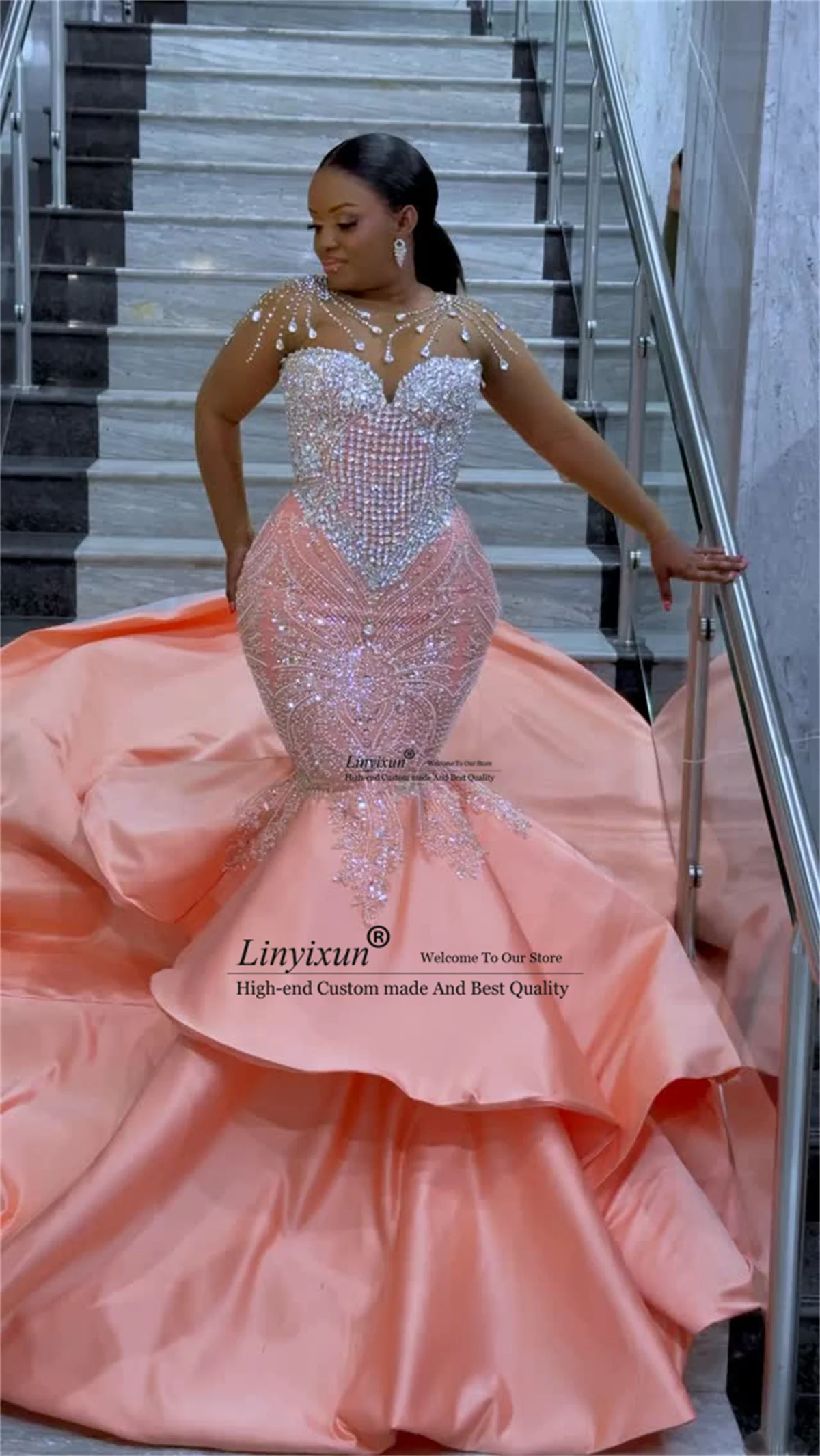 فساتين لحضور الحفلات الموسيقية الأنيقة بحورية البحر من Aso Ebi مع أحجار الراين الماسية للحفلات المسائية مخصصة في دبي رداء مكشكش أفريقي للسهرة