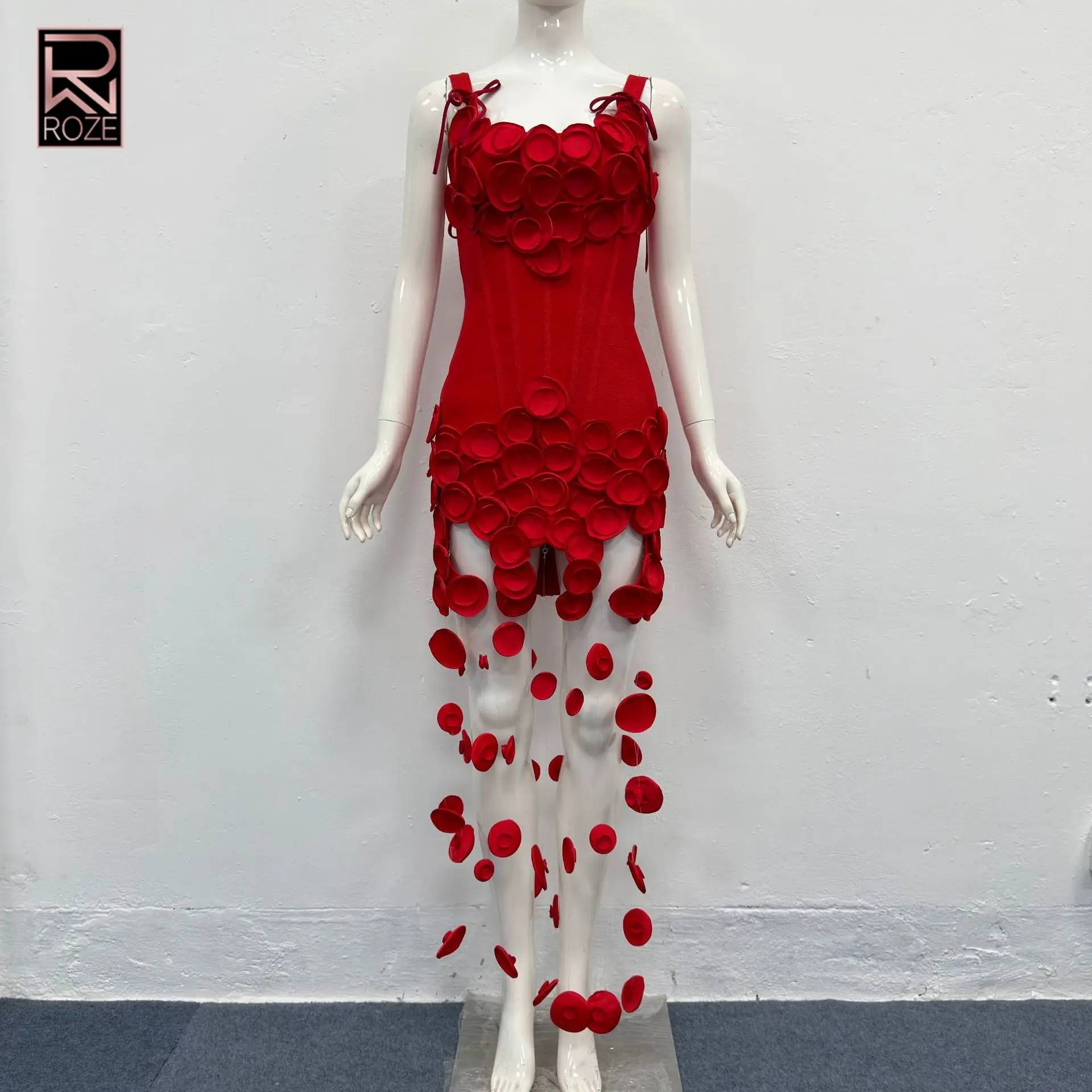 

3D Floral Disc Bandage Bodycon Dress, Strappy Bow Detail Cocktail Gown, Unique Designer Evening & Party Dress for Women