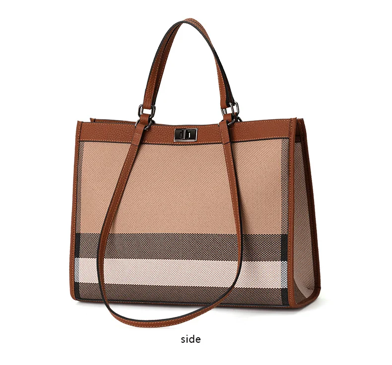 Vintage Karierte Canvas-Leder-Kombination Tragetasche Damen Handtasche mit Verschluss Große Kapazität Schultertasche für Alltag Arbeit Reise – Detail 7