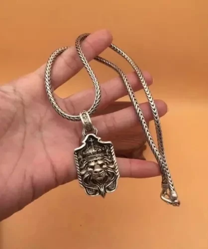 Chinese Miao Tibetan Silver Necklace+Lion Head Pendant Gift