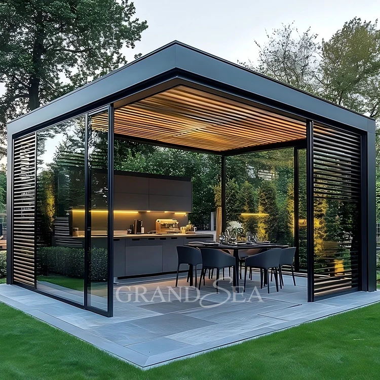 Outdoor Garden Motorized Louvered Roof System Bioclimatic Pergola Outdoor Aluminum Pergola With Sliding Glass Door and Louvered