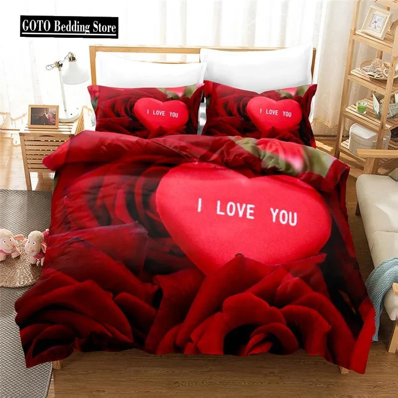 

3d Red Rose Bedding Set Adults Winter Duvet Cover Pillowcases Cotton Decorate Bedroom Bedding for Valentine's Day High Quality