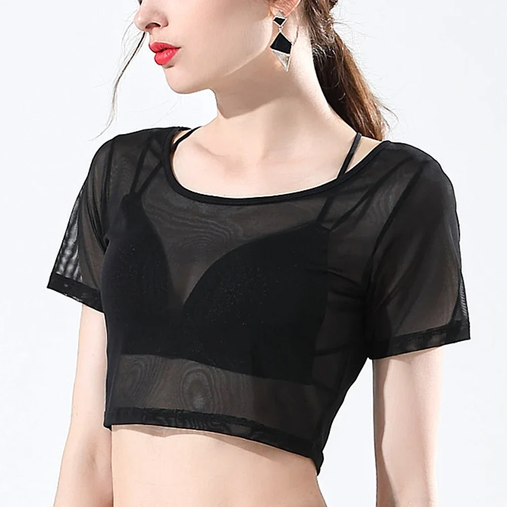 Short Sleeved Half Length Shirt Girls Stretch Mesh Dance T-shirt Transparent Top Women High Street Blouses Ladies Tops Clothes