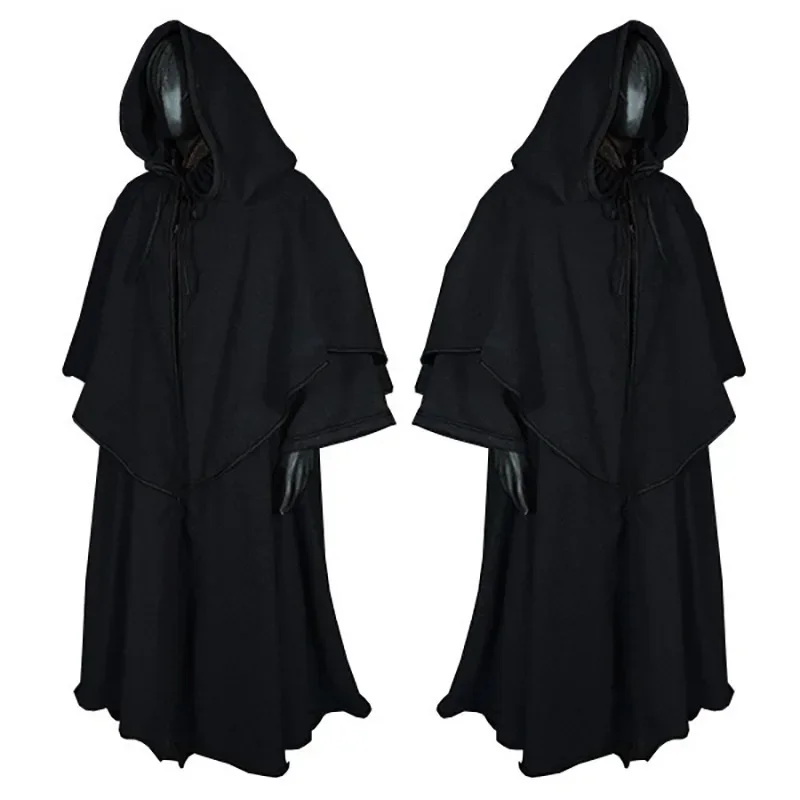 

Halloween Medieval Stage Show Costume Black Assassin Cape Carnival Adult Cosplay Prop Robe Hooded Bandage Caped Wizard Clothes