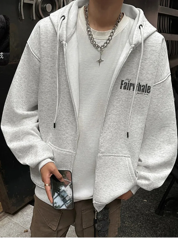 

American Sle Fce Lined Hooded Open Cardigan Sweatirt Thiened Winter Jaet for Men Casual Loose Spor Top