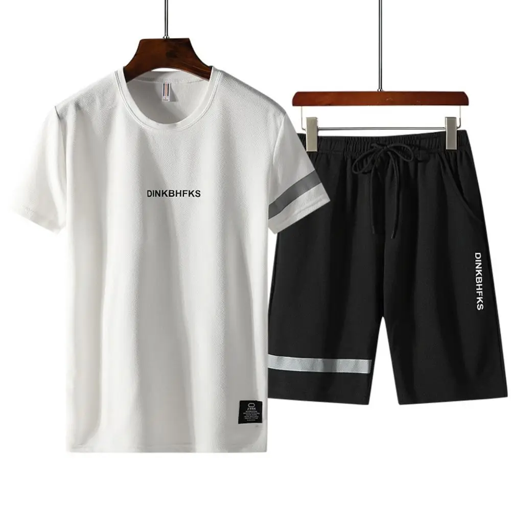 Terno esportivo masculino camiseta shorts conjunto de treino cintura elástica verão shorts masculinos conjunto manga curta casual