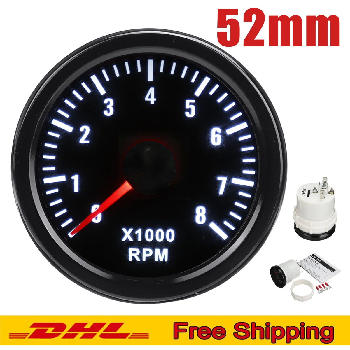 2 Zoll 52mm 12V Auto-Drehzahlmesser 0-8000 U/min Drehzahlmesser-Kit für Benzinmotor