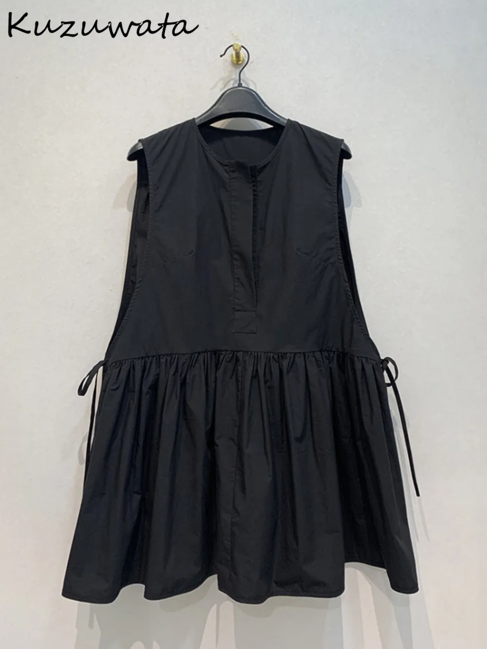 Kuzuwata New O Neck Sleeveless Loose Simple Blouses Vest Casual Elegant Drawstring Lace Up Shirt Japan Ruched Patchwork Tops