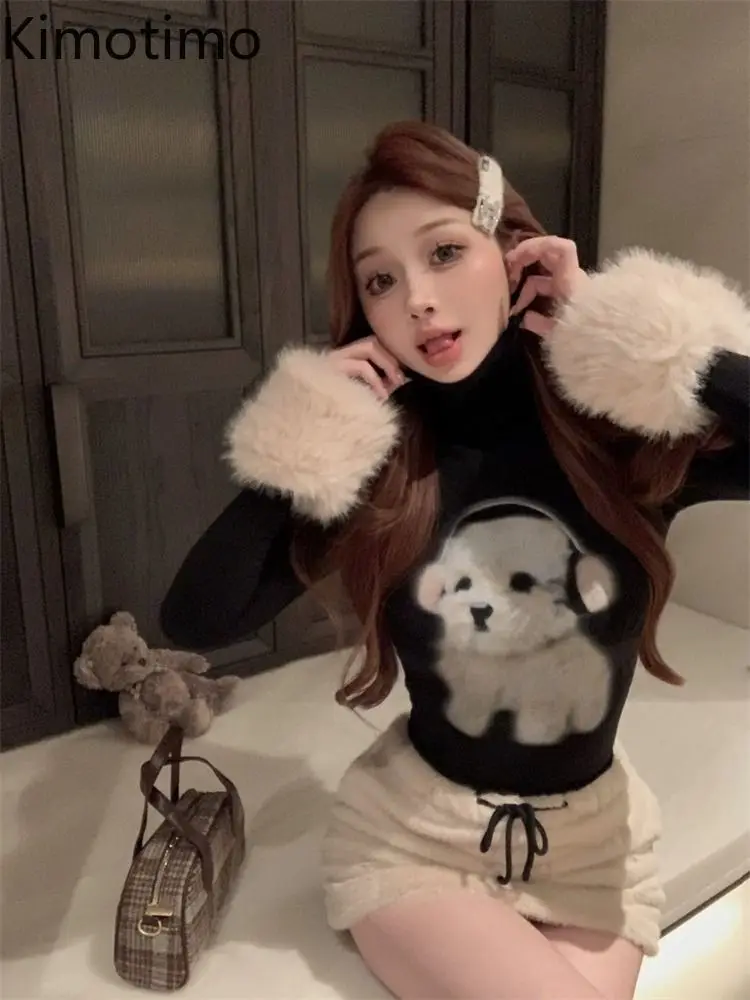 Kimotimo Hotsweet Puppy Print Detachable Fur Long Sleeved T-shirt Women Autumn Winter Turtleneck Slim Fit Bottom Y2k Crop Top view 5