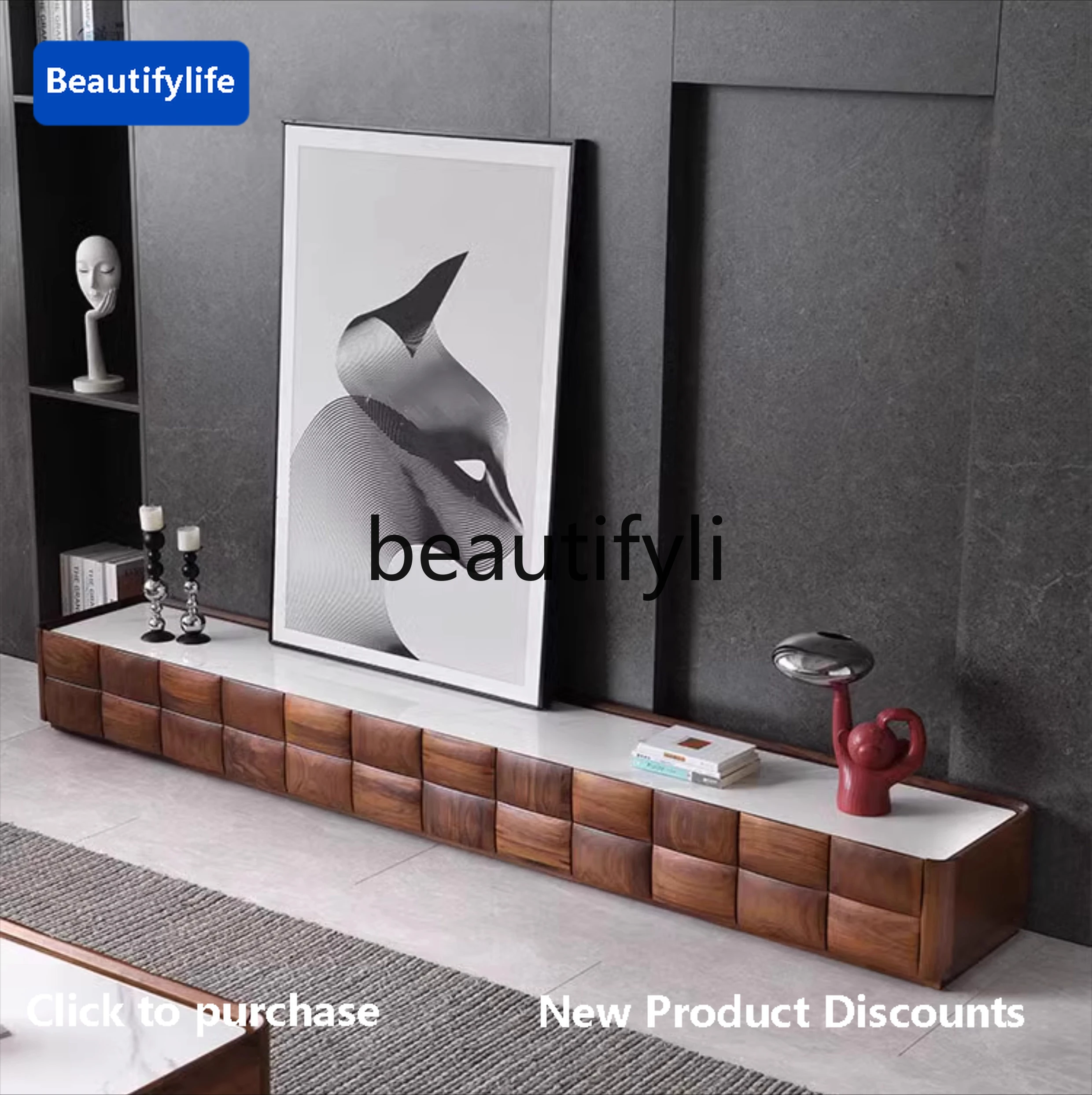 GG Black Walnut Wood Rock Slab TV Cabinet Modern Minimalist Solid Wood Floor-standing Living Room Home Storage Cabinet