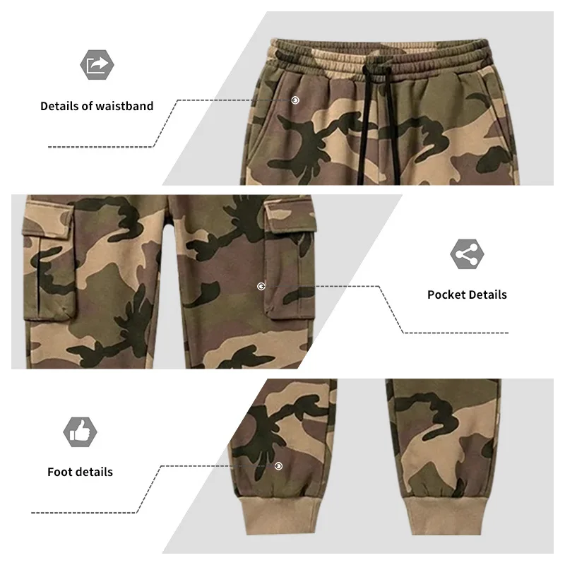 Herren Einteilige Herbst/Winter Fleece-Gefütterte Tarnfarben-Arbeitshose mit Kordelzug, Mehrfachtaschen Lässige Weite Sport-Hose – Detail 16