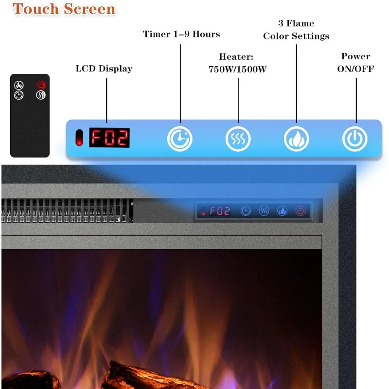 Electric Fireplace, Electric Fireplace Inserts, Recessed Fireplace Heater with Remote Control, Adjustable Flame Colors, Timer