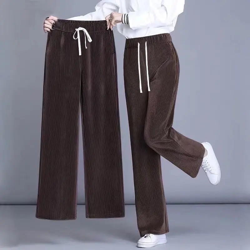 Autumn Winter Fleece Wide Leg Pants Women High Waist Loose All-match Straight Casual Trousers Simplicity Lacing Elastic Waist