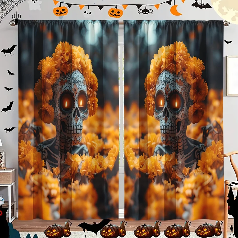 2PCS Digital Print Curtain, Sugar Skull with Orange Flowers, Day of the Dead Mexican Art Style for Living Room Bedroom Decor