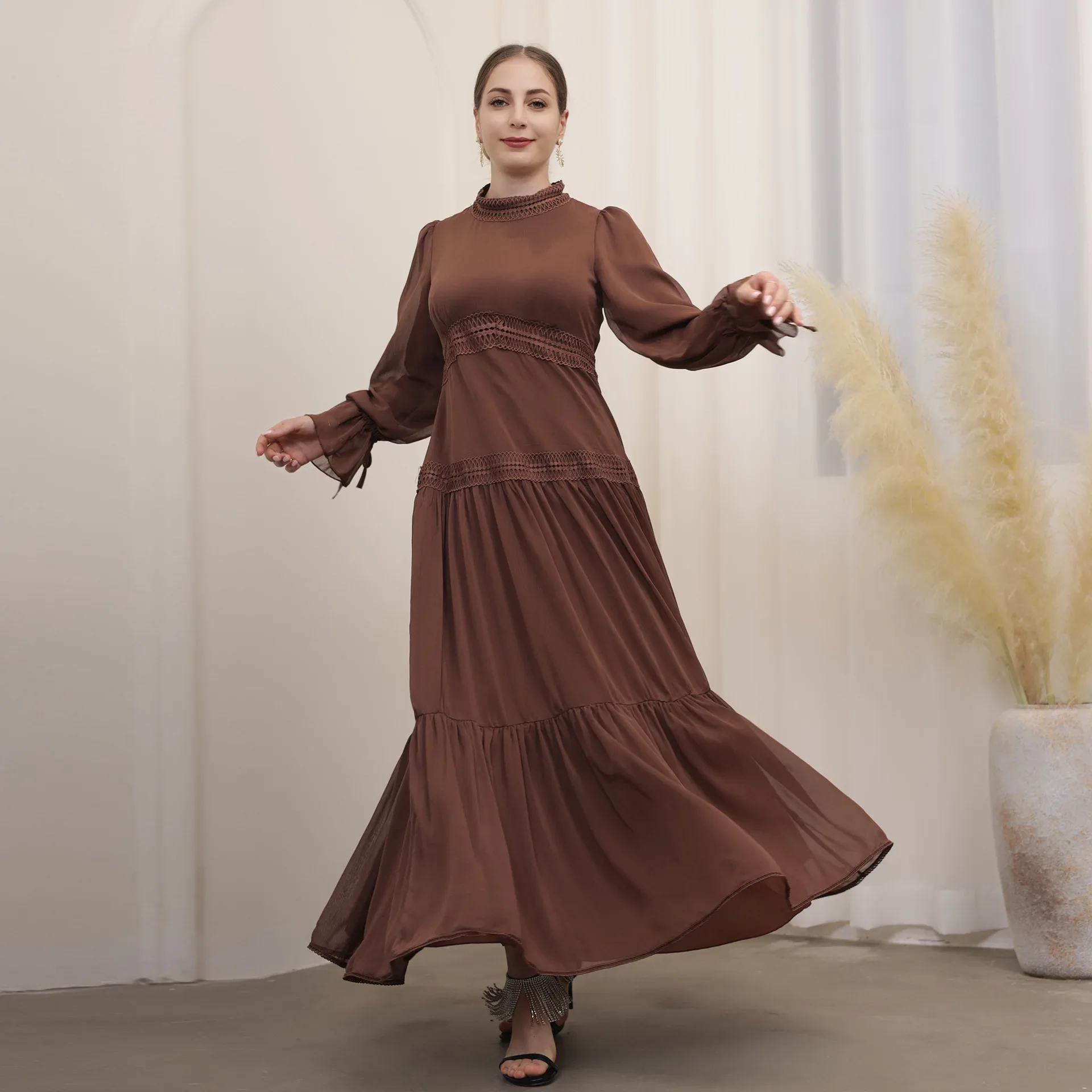 Abaya Dubai Lace Chiffon Pleated Muslim Party Long Dress Abayas for Women Luxury Kaftan Robe Elegant African Islamic Clothing