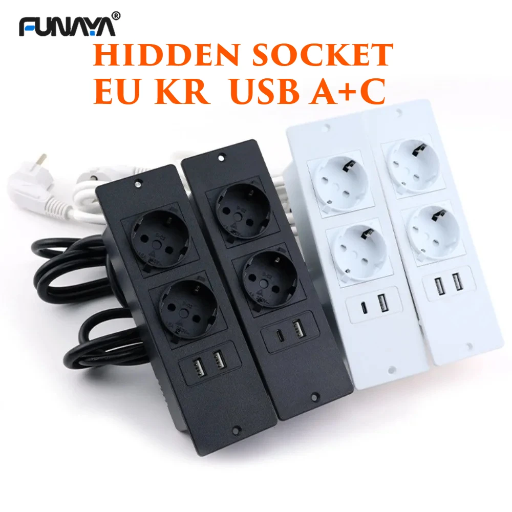 FUNAYA Desktop Embedded Socket EU KR Built-in AC220 250v Furniture Cabinet Socket with USB A C Power Hidden Electrical Outlets