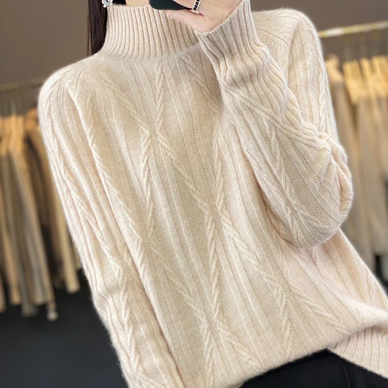 Autumn and winter new 100% pure wool cashmere sweater ladies' semi-turtle neck twist diamond thick warm fashion loose knit top