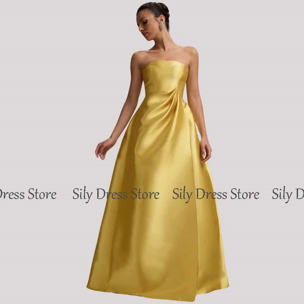 Simple Ceremony Evening Dresses 2025 Satin A-line Celebrity Dress Golden Strapless Pleat Split Prom Dress Long