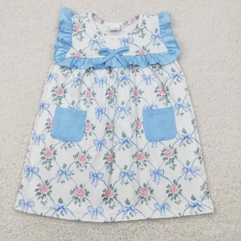 X12.3 GSD2230 Summer baby girl dress wholesale floral leaf blue bow pattern pocket white sleeveless dress