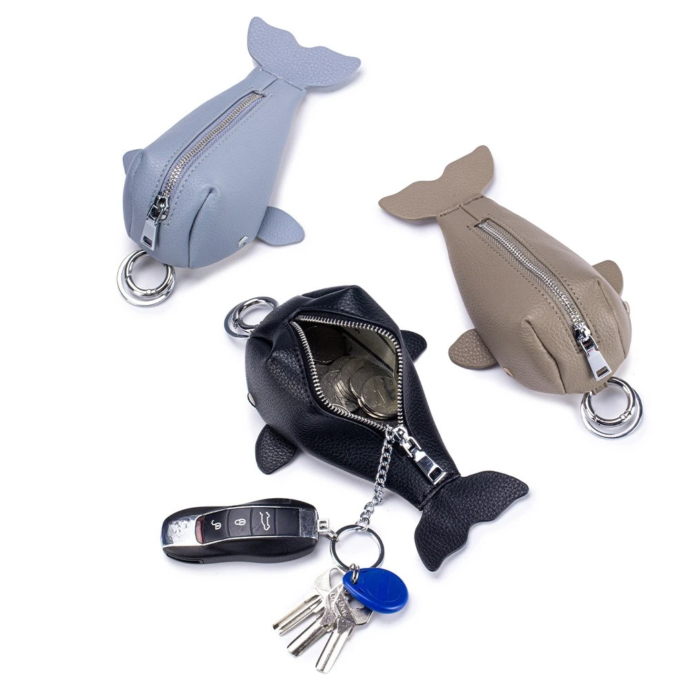 Whale Coin Purse Keychain Cute Change Purse with Zipper Close Keychain Leather Coin Pouches for Hooking Onto Backpacks