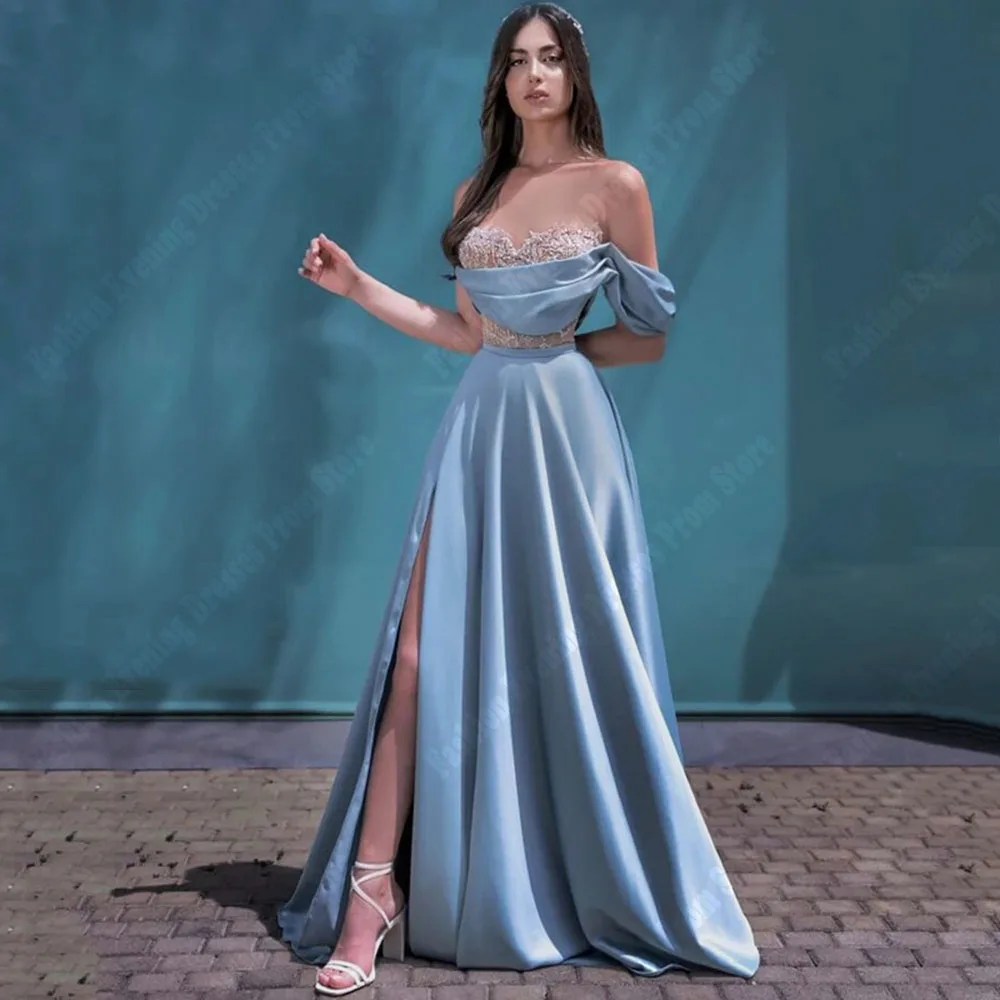 Schulter freie himmelblaue Frauen Ballkleider a-Linie Satin Aufkleber Prinzessin Abendkleid formelle Mode Promi Party Roben de Soirée