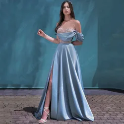 Sexy Off Shoulder Blue Women Prom Dresses A-Line Satin Princess Customized Evening Gown Formal Celebrity Party Robes De Soirée