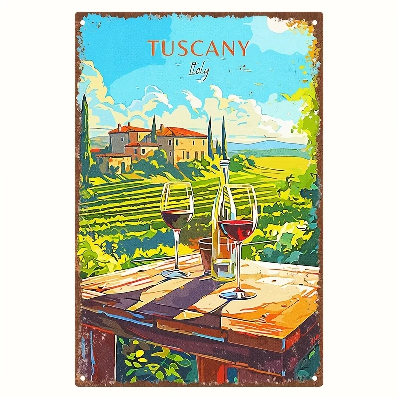 Vintage Tuscany Italy Metal Tin Sign - Rustic Wall Art with Wine & Hillside Landscape, Aluminum Decor for Home, Bar, Cafe, Gard