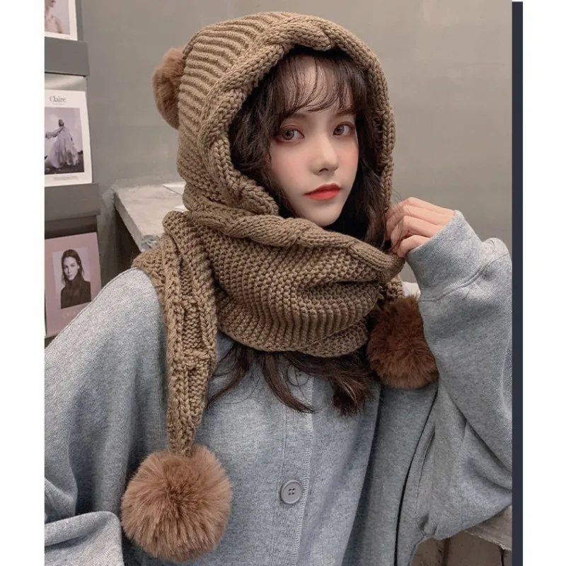 Fashion Women's Autumn-Winter Warm Knitted Hat Casual Adorable Pom Pom Ear-Warmer Knit Hat Chic Thickened One-Piece Scarf Hat