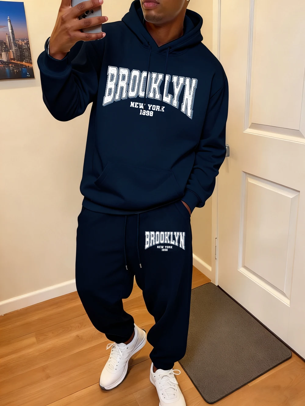 2 قطعة مجموعة هوديي الرجال بروكلين نيويورك 1898 يطبع Sweatpants عادية الصوف الدافئة جيب هودي بنطال رياضي ملابس الشتاء فضفاضة