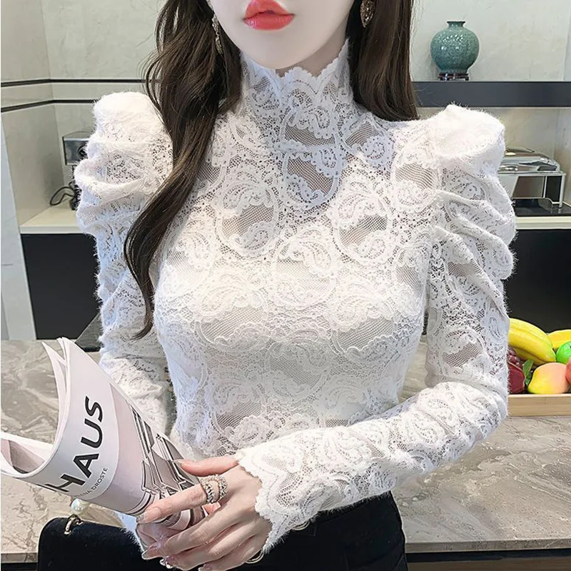 Blusa de cuello alto con pliegues y volantes para mujer, ropa de encaje ahuecada, jerséis informales de manga abullonada, camisa coreana elegante,