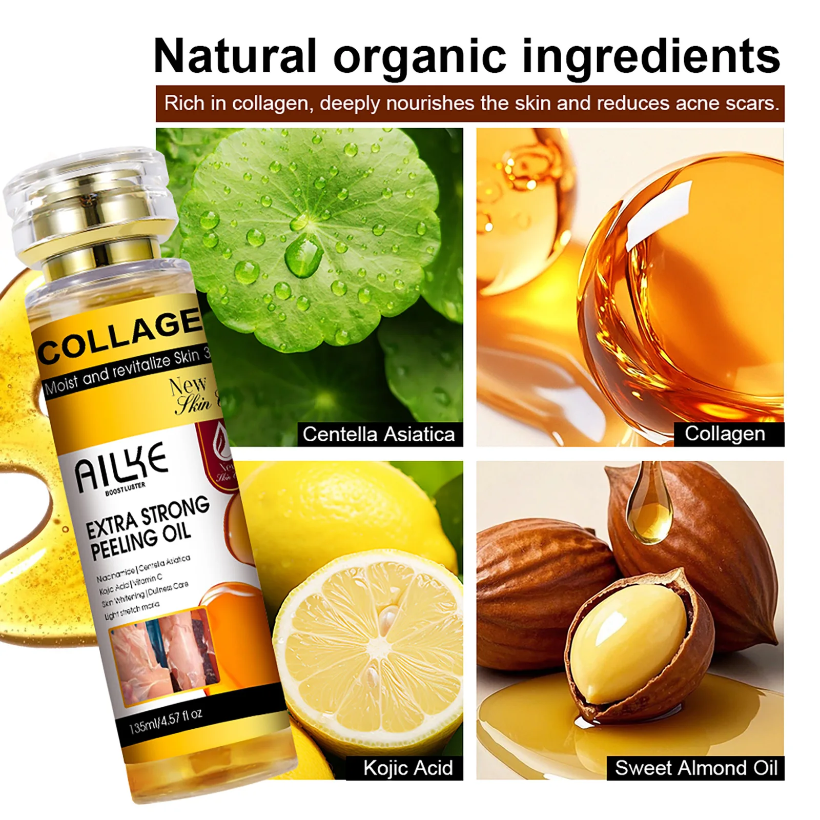 AILKE Collagen Yellow Peeling Oil For All Skin Types, Stretch Mark Removal, Lightening, Improve Rough Skin, Gentle Exfoliation