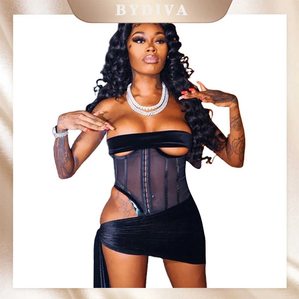 

Women Two Piece Sets SexySee Through Solid Strapless Short Tops Mini Dress Velvet Patchwork Sexy Zip Up Corsets Top+Bandage Min