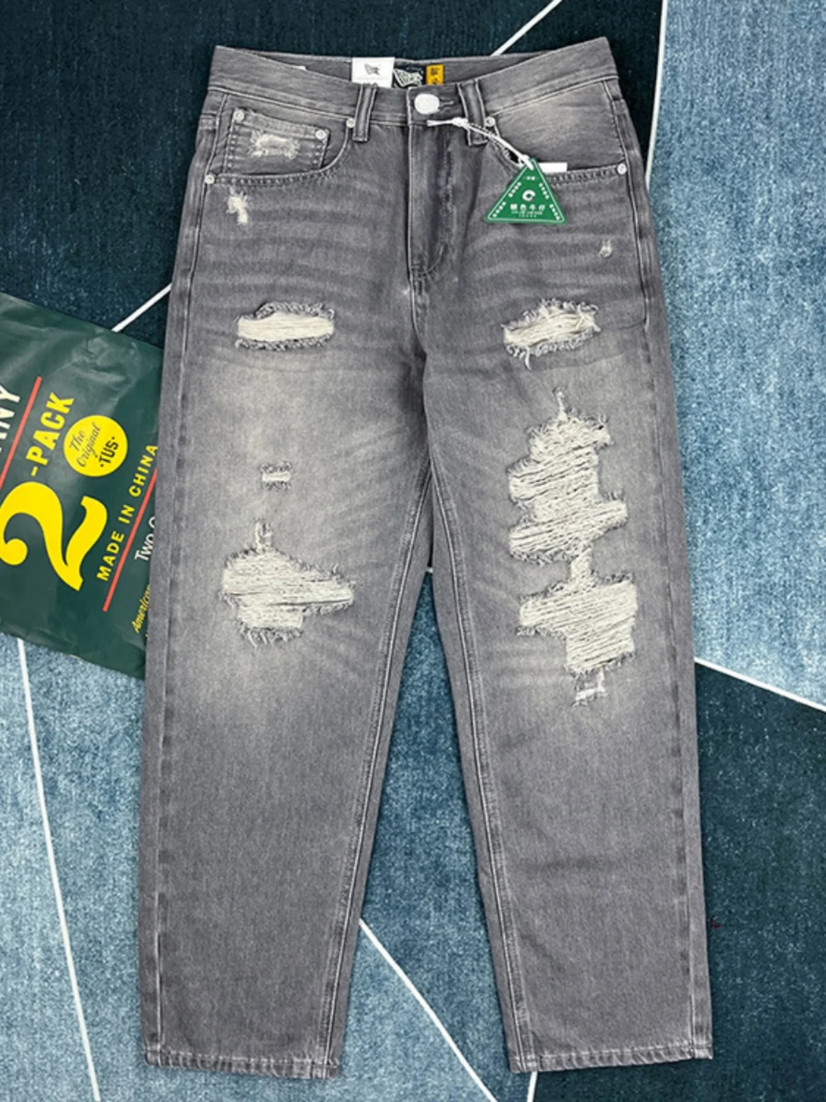 

Spring Summer Thin Ripped ey Denim Jeans Men Loose Straight American Casual Retro Japanese Sle Khaki Trendy Cotton Polyester