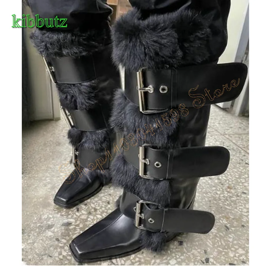 

Furry Leather Buckle Rider Boots,Flat Toe Low Heel Knee Boots Bar Party Boots for Women Plus Size 2024 New Zapatos Para Mujere