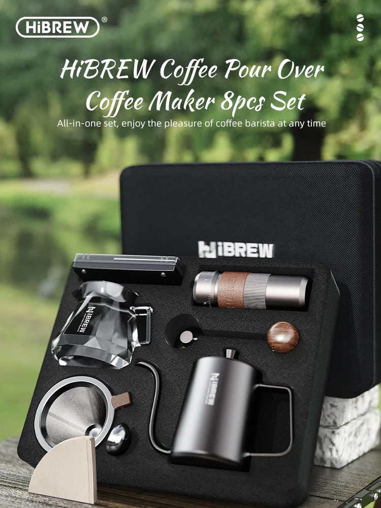 HiBREW verser sur les bouilloires à café moulin à café manuel cafetière ensemble de 8 pièces