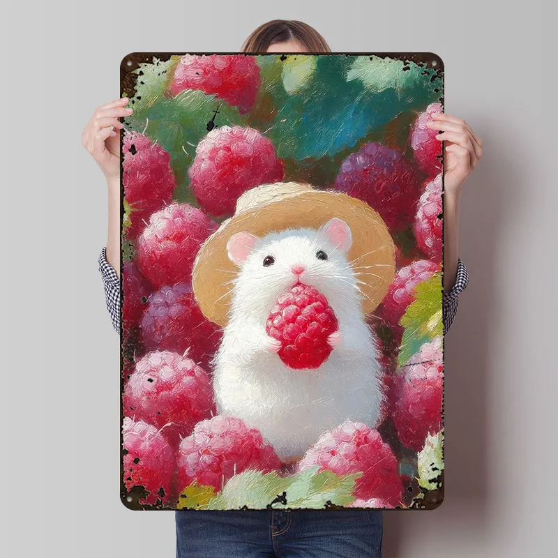 Mouse With Raspberry Metal Poster Metal Signs Wall Art Home Decoration Room Custom Tin Sign for Home Decoration Retro Man Cave