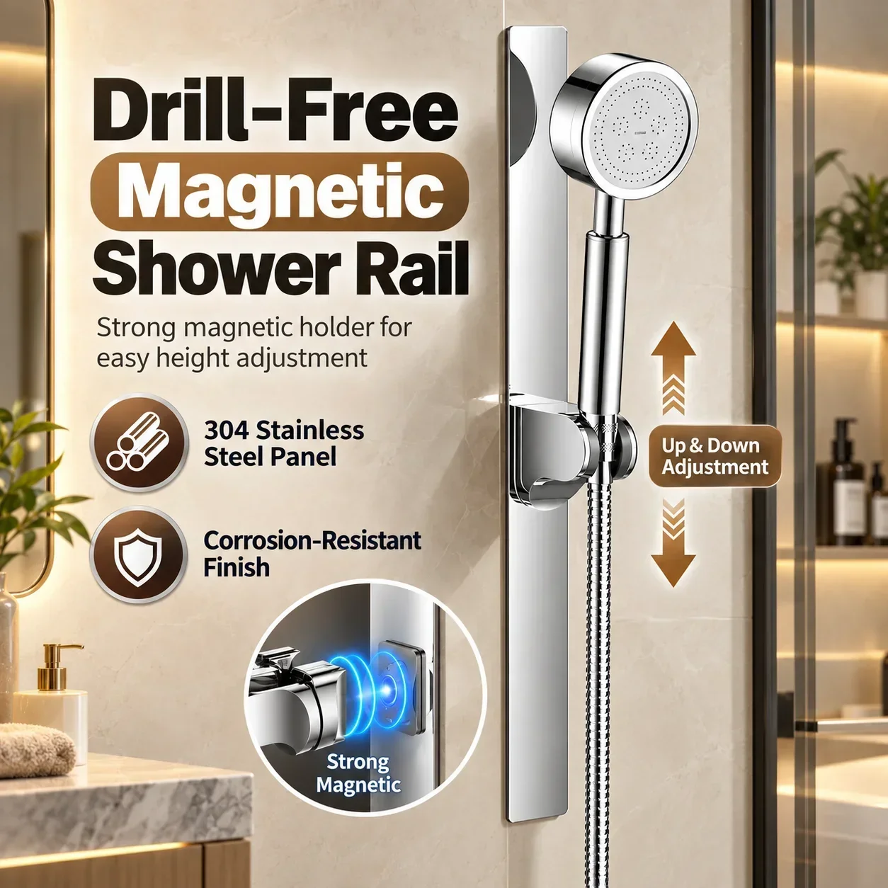 Magnetic Shower Slide Bar Adjustable Handheld Shower Head Holder Drill-Free Wall Mounted Bathroom Bracket