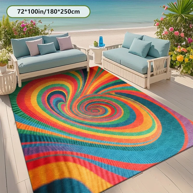 VIKAMA Rainbow Swirl Print Outdoor Area Rug Waterproof Non Slip Carpet for Patio Balcony Deck Beach House Colorful Home DecorMat